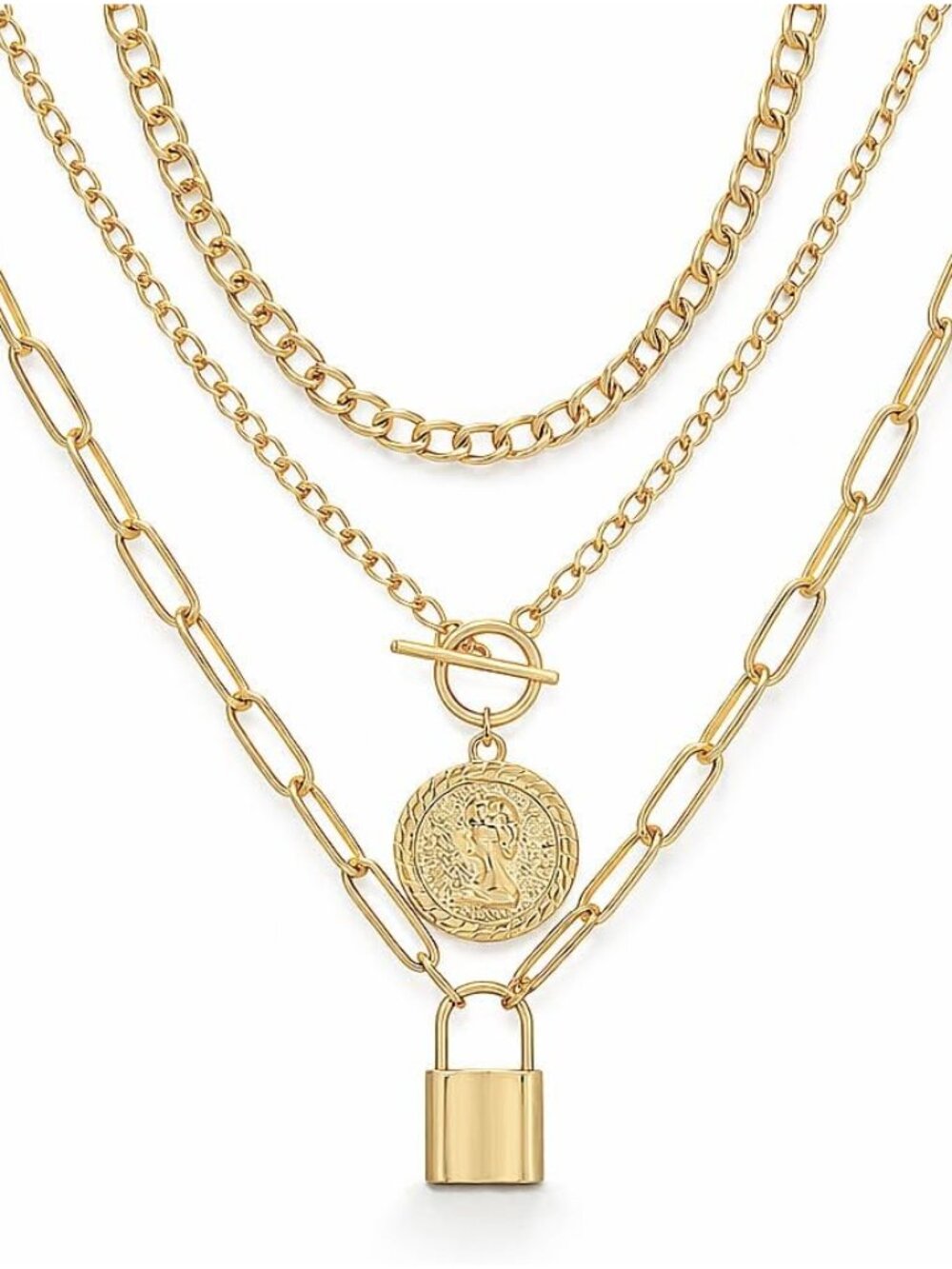 Vintage Gold Layered Necklaces for Women Trendy, Chunky Cuban Link Paperclip Cha - Picture 2 of 9